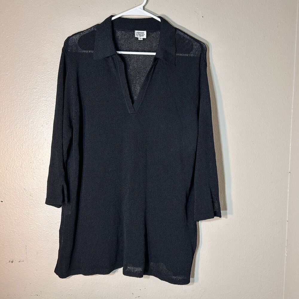 Margaret O’Leary 3/4 Sleeve V Neck‎ Henley Top Black Medium Vintage